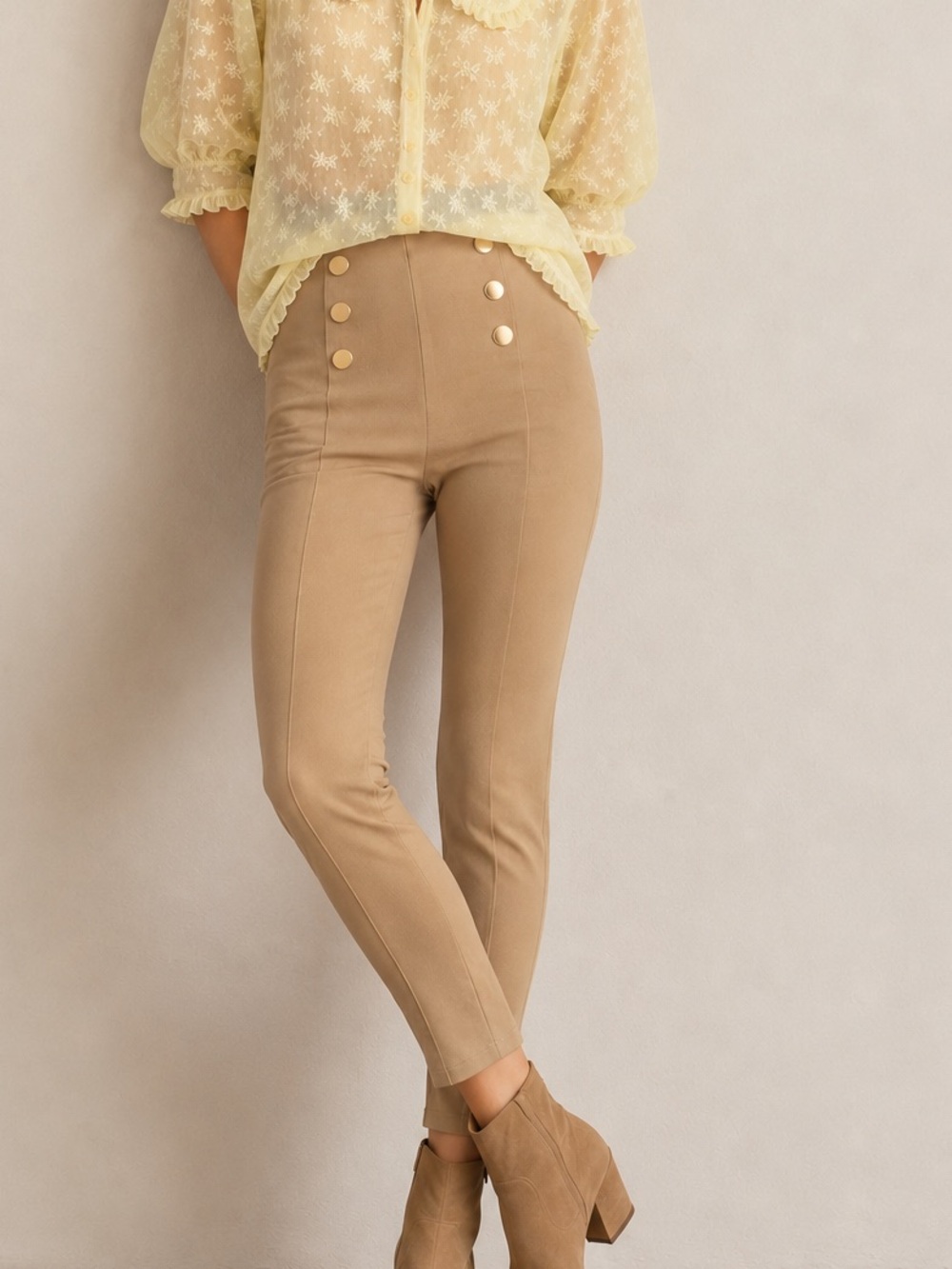 NWT Zara Tan Nautical Button Leggings Slim Pants Sz Medium
